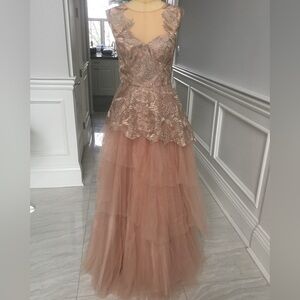 Champagne Lace Tiered Evening Gown